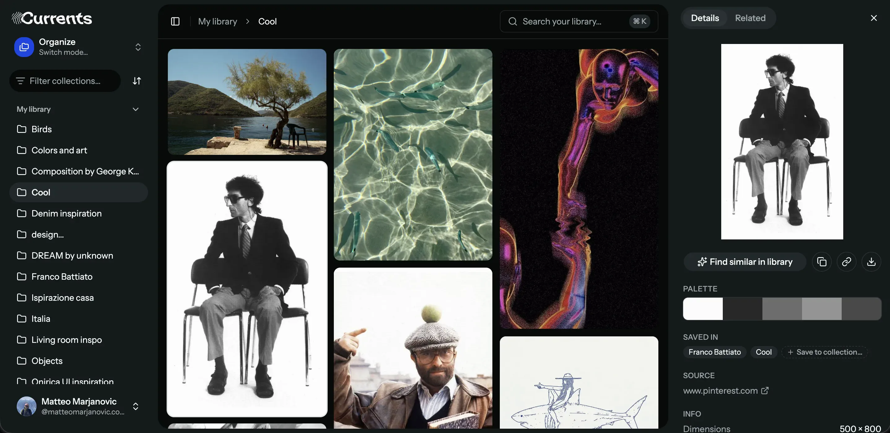 The organize mode, showing a collection's library view with search and details panel